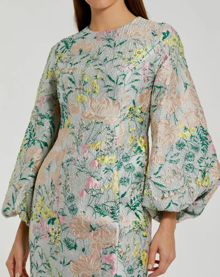 Women Multicolor Floral Brocade Puff Sleeve Fitted Mini Dress Pastel Multi Daytime Dresses Mac Duggal