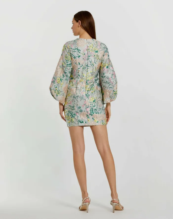 Women Multicolor Floral Brocade Puff Sleeve Fitted Mini Dress Pastel Multi Daytime Dresses Mac Duggal