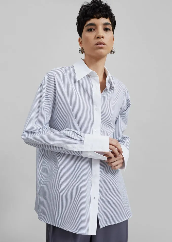 Women Nerina Button Up Shirt 8211 BlackWhite Stripe The Frankie Shop Tops