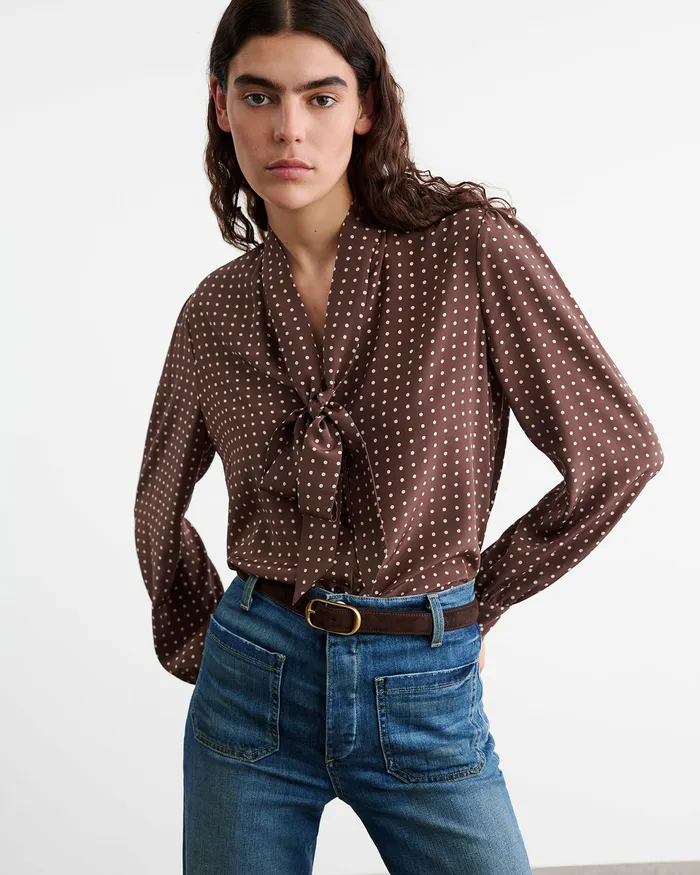 Women Nili Lotan CARINA SILK BLOUSE BrownIvory Dot Tops