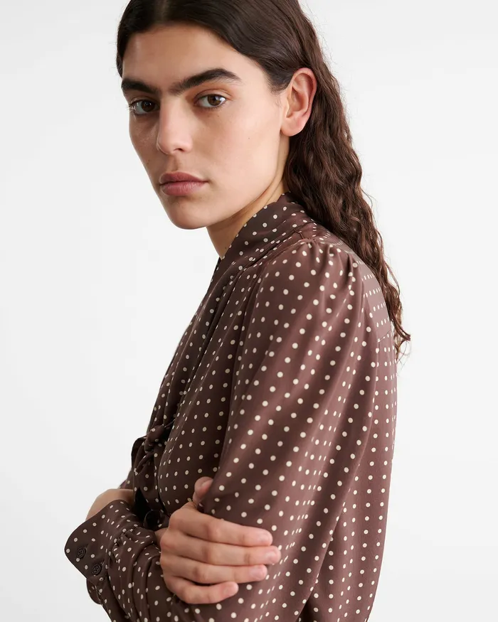 Women Nili Lotan CARINA SILK BLOUSE BrownIvory Dot Tops
