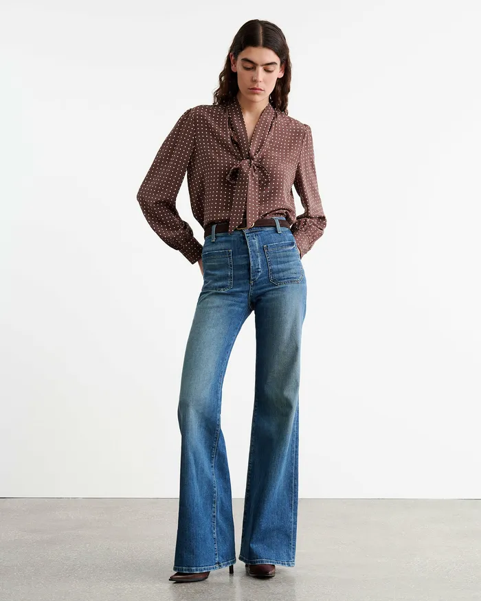 Women Nili Lotan CARINA SILK BLOUSE BrownIvory Dot Tops