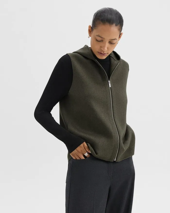 Women Outerwear Theory Hooded ZipUp Vest In DoubleFace WoolCashmere Hunter Green Melange