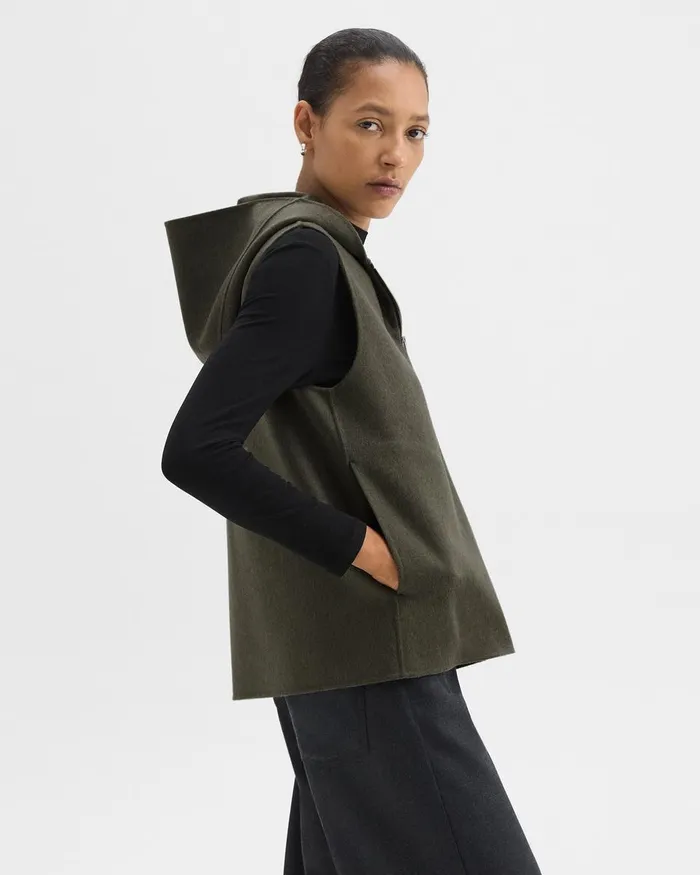 Women Outerwear Theory Hooded ZipUp Vest In DoubleFace WoolCashmere Hunter Green Melange
