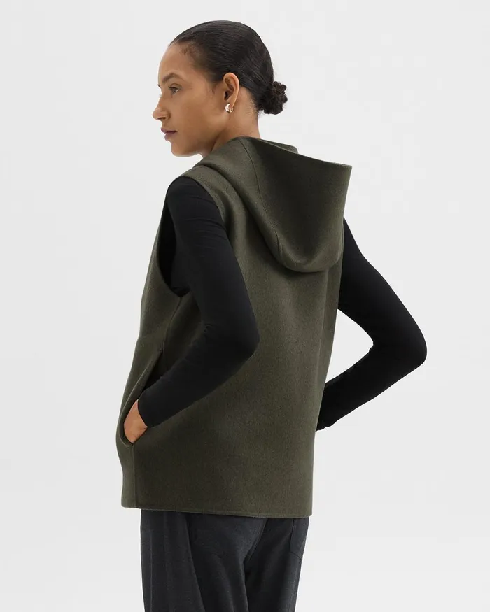 Women Outerwear Theory Hooded ZipUp Vest In DoubleFace WoolCashmere Hunter Green Melange