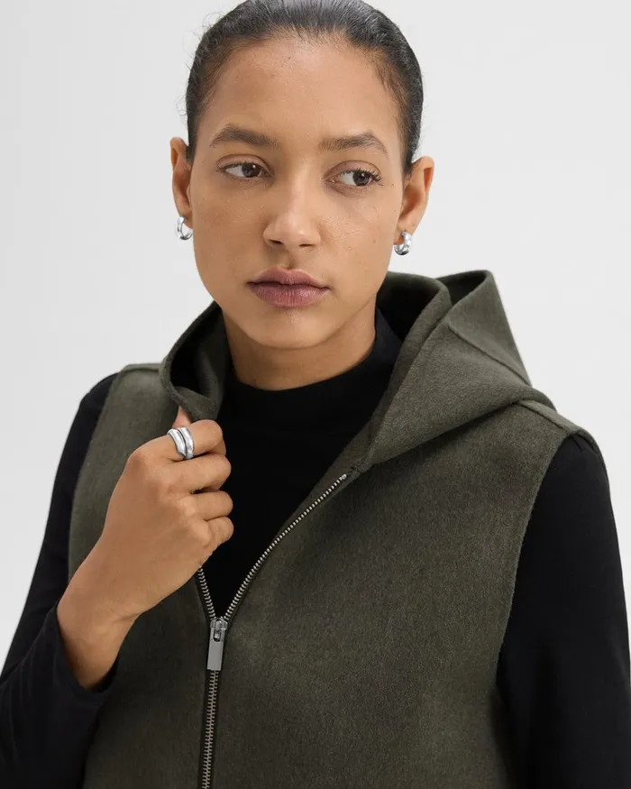 Women Outerwear Theory Hooded ZipUp Vest In DoubleFace WoolCashmere Hunter Green Melange
