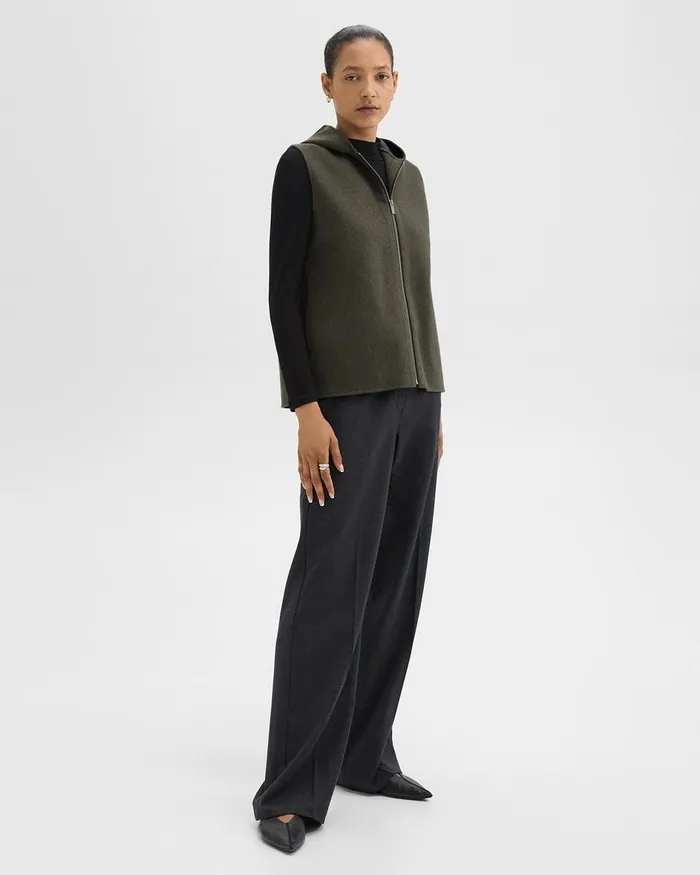 Women Outerwear Theory Hooded ZipUp Vest In DoubleFace WoolCashmere Hunter Green Melange