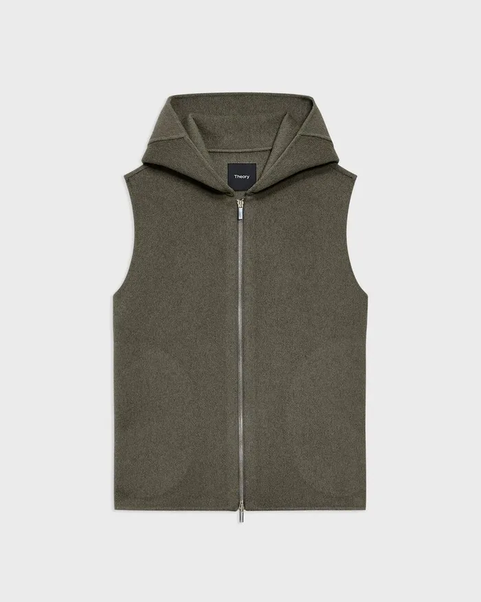 Women Outerwear Theory Hooded ZipUp Vest In DoubleFace WoolCashmere Hunter Green Melange