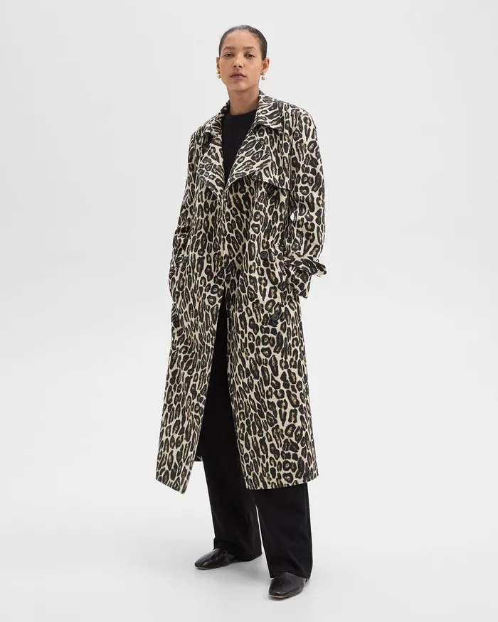 Women Outerwear Theory Relaxed Trench Coat In Stretch Leopard Wool Beige Multi