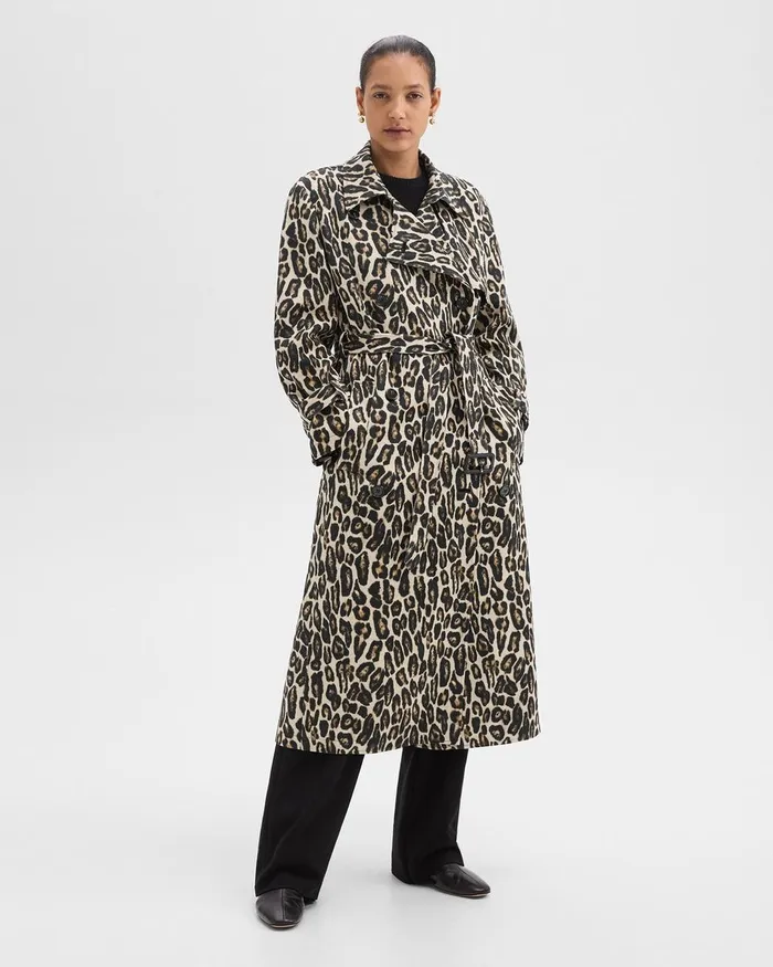Women Outerwear Theory Relaxed Trench Coat In Stretch Leopard Wool Beige Multi