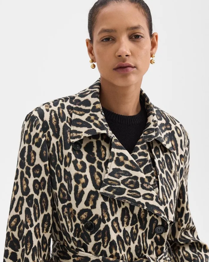 Women Outerwear Theory Relaxed Trench Coat In Stretch Leopard Wool Beige Multi