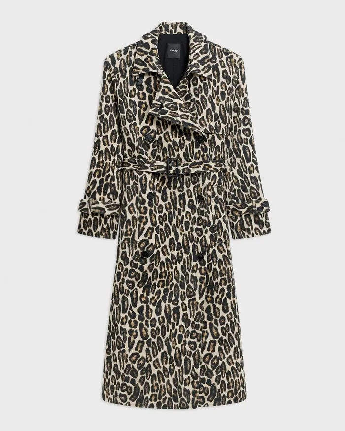 Women Outerwear Theory Relaxed Trench Coat In Stretch Leopard Wool Beige Multi
