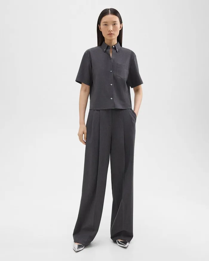 Women Pants Theory Double Pleat Pant In Good Wool Charcoal Melange