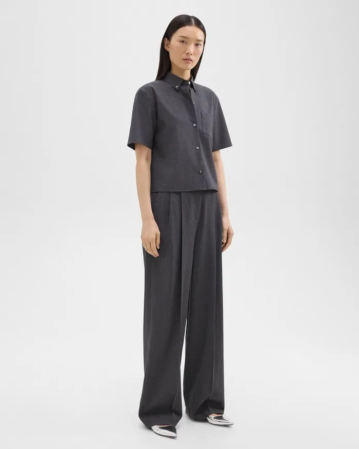 Women Pants Theory Double Pleat Pant In Good Wool Charcoal Melange