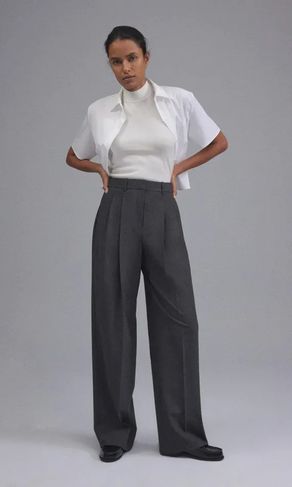 Women Pants Theory Double Pleat Pant In Good Wool Charcoal Melange