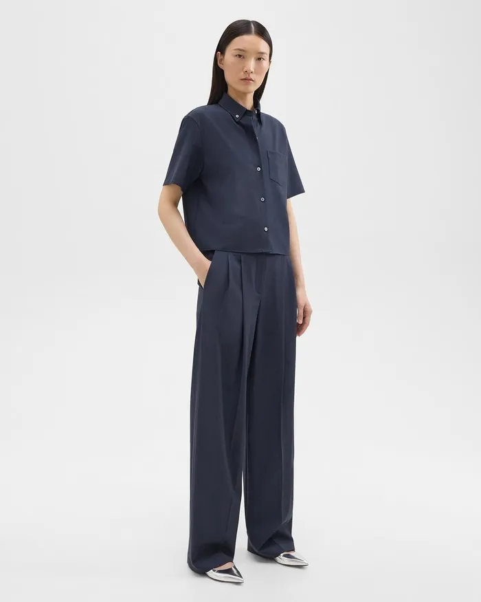 Women Pants Theory Double Pleat Pant In Good Wool Nocturne Navy