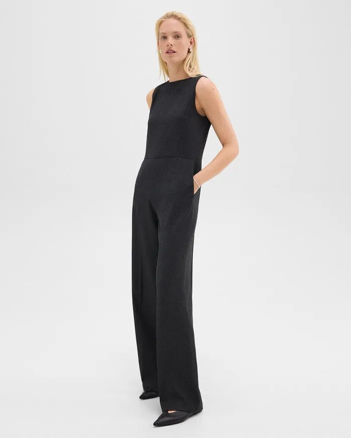 Women Pants Theory Relaxed Sleeveless Jumpsuit In Stretch Flannel Charcoal Melange