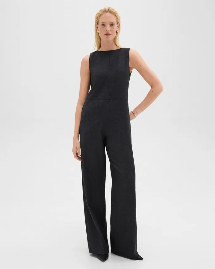 Women Pants Theory Relaxed Sleeveless Jumpsuit In Stretch Flannel Charcoal Melange