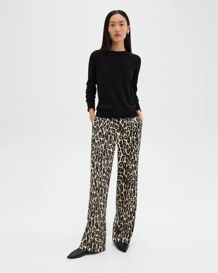 Women Pants Theory Relaxed Straight Pant In Stretch Leopard Wool Beige Multi
