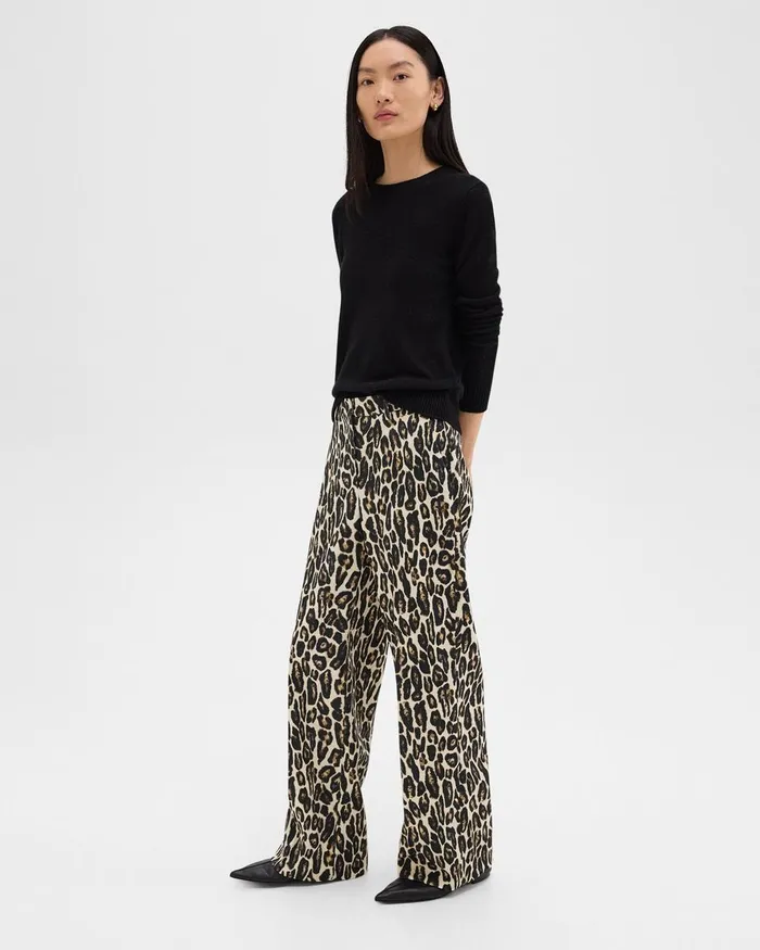 Women Pants Theory Relaxed Straight Pant In Stretch Leopard Wool Beige Multi