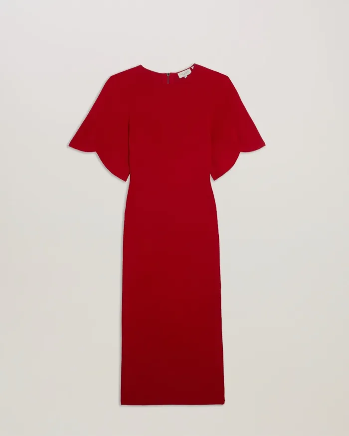 Women RAELEA 8211 Fluted Sleeve Knitted Bodycon Midi Dress Red Ted Baker Dresses