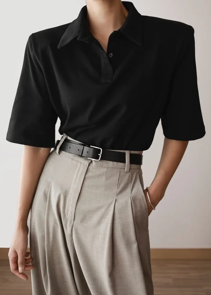 Women Rane Padded Shoulder Polo 8211 Black The Frankie Shop Tops
