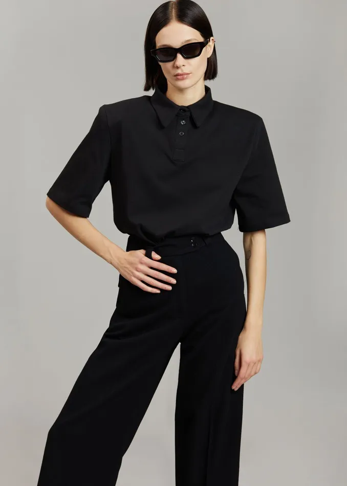 Women Rane Padded Shoulder Polo 8211 Black The Frankie Shop Tops