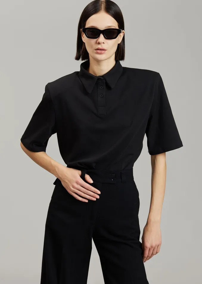 Women Rane Padded Shoulder Polo 8211 Black The Frankie Shop Tops