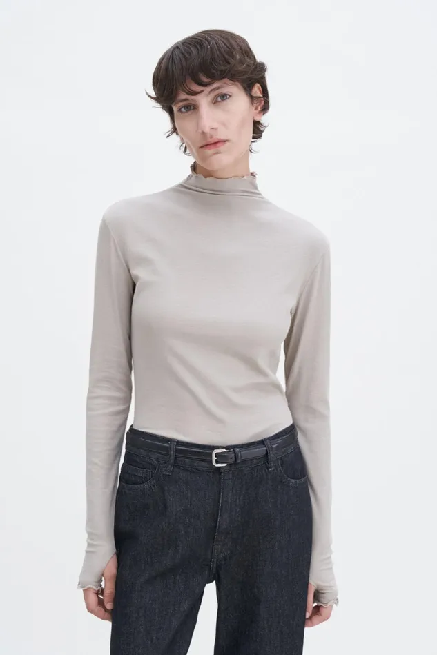Women Rib Mock Neck Top Moss Grey Filippa K Tops