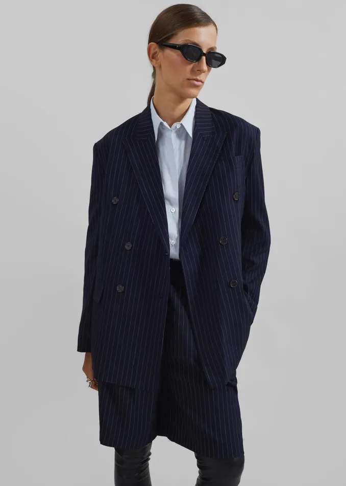 Women Sava Double Breasted Blazer 8211 NavyWhite Stripe The Frankie Shop Outerwear