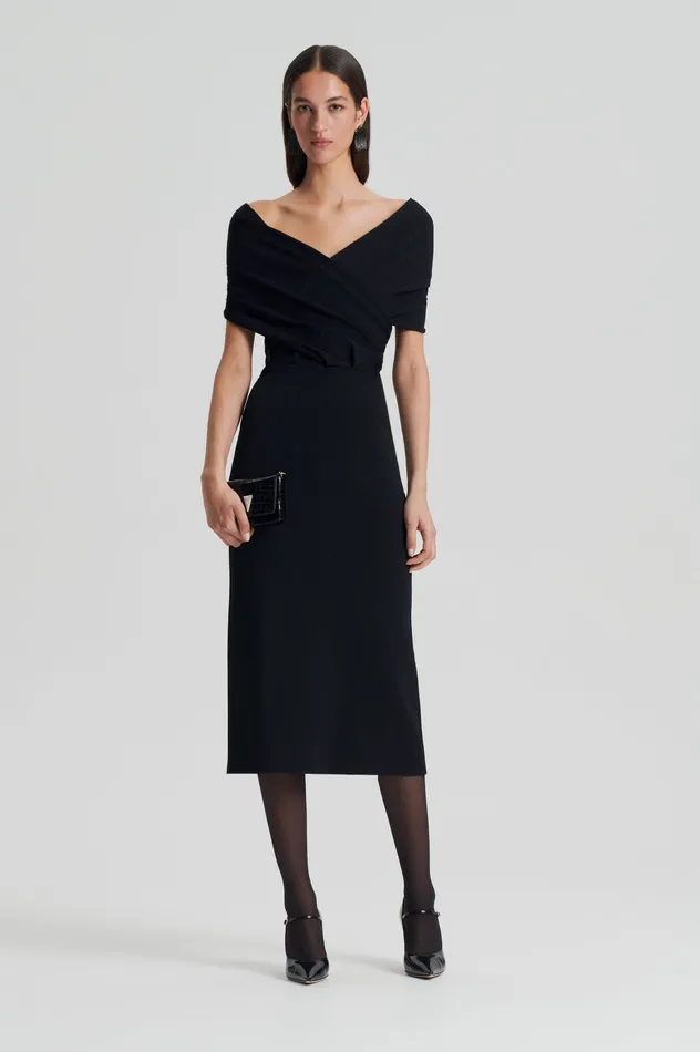 Women Scanlan Theodore CREPE KNIT DRAPE SHOULDER DRESS BLACK Dresses
