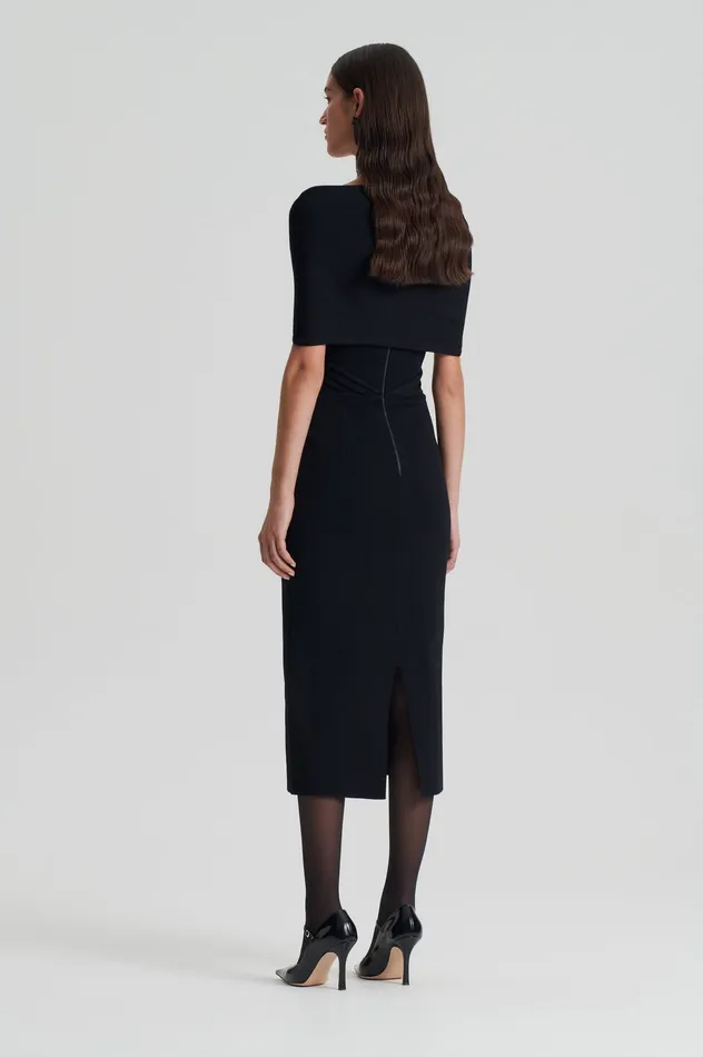 Women Scanlan Theodore CREPE KNIT DRAPE SHOULDER DRESS BLACK Dresses