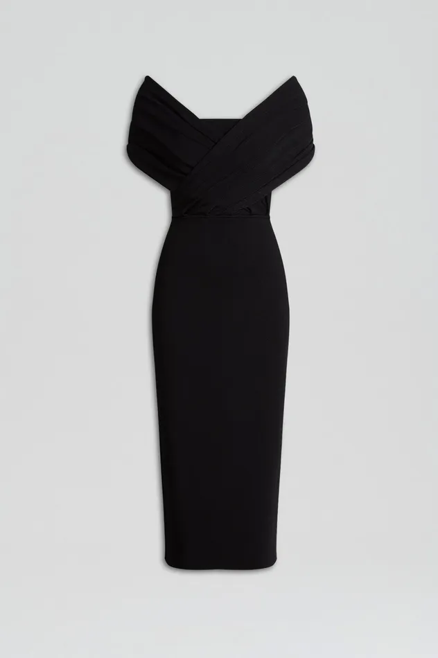 Women Scanlan Theodore CREPE KNIT DRAPE SHOULDER DRESS BLACK Dresses