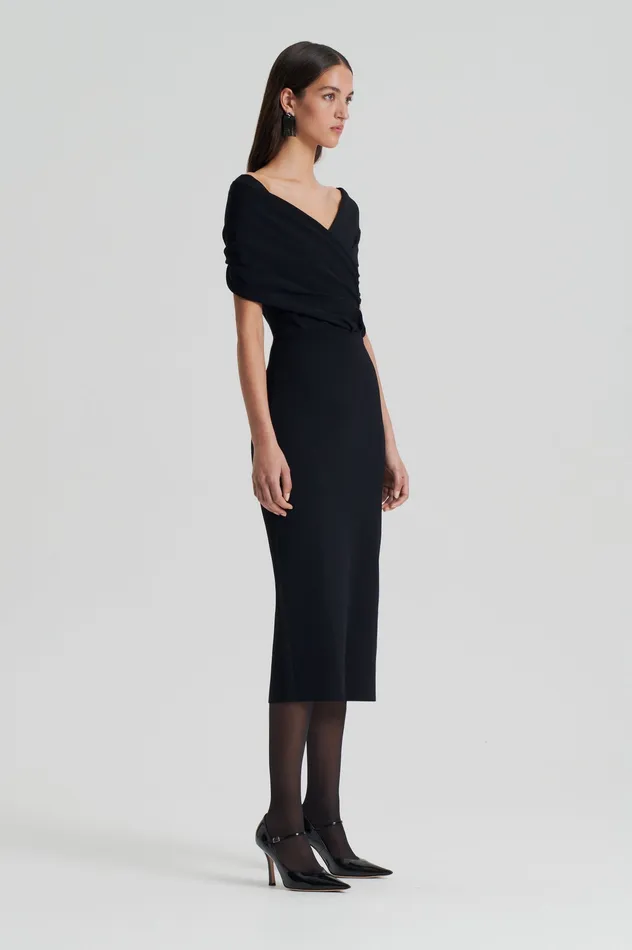Women Scanlan Theodore CREPE KNIT DRAPE SHOULDER DRESS BLACK Dresses