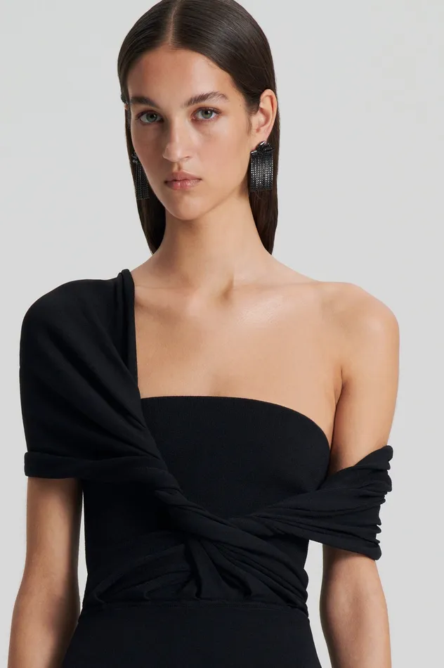 Women Scanlan Theodore CREPE KNIT DRAPE SHOULDER DRESS BLACK Dresses