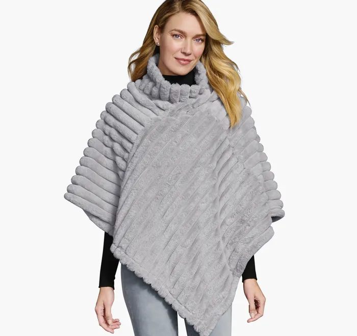 Women Shirts Sweaters and Blazers Johnston and Murphy Reversible FauxFur Poncho GrayGray Heather
