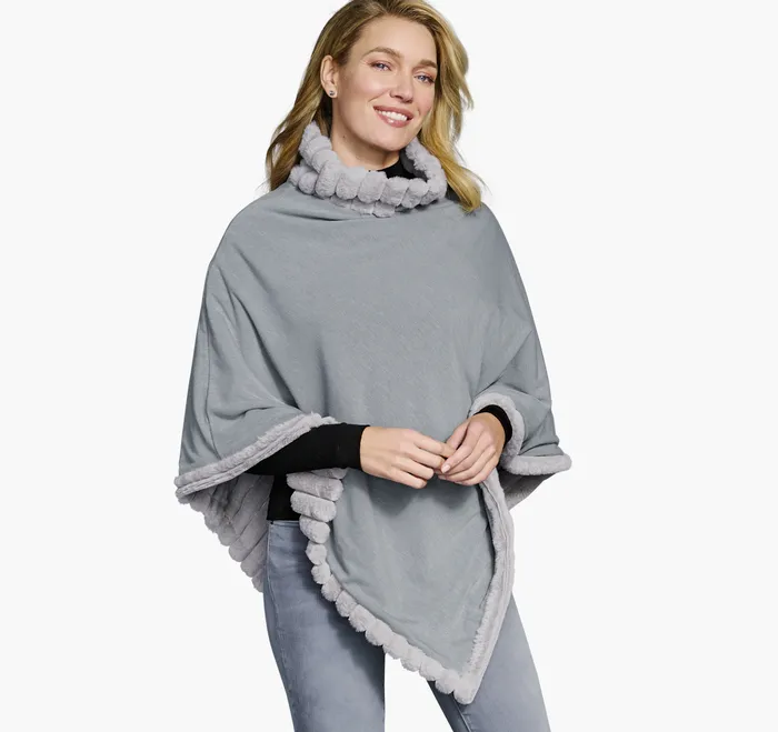 Women Shirts Sweaters and Blazers Johnston and Murphy Reversible FauxFur Poncho GrayGray Heather
