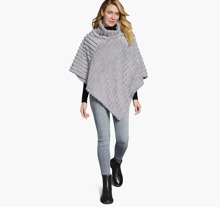 Women Shirts Sweaters and Blazers Johnston and Murphy Reversible FauxFur Poncho GrayGray Heather