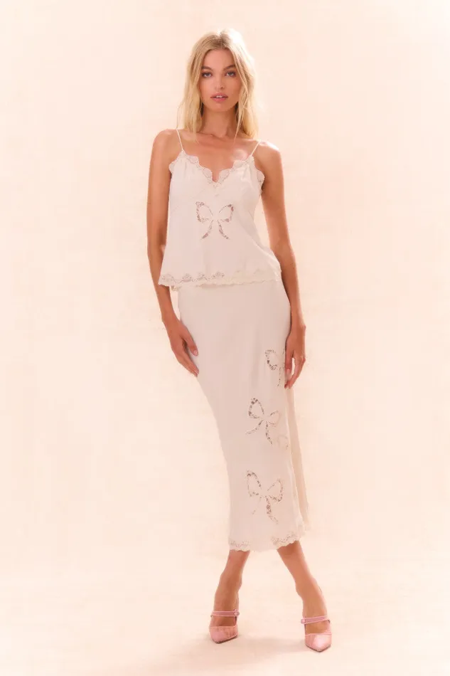 Women Skirts LoveShackFancy Darion Scallop Lace Bow Midi Skirt Cream