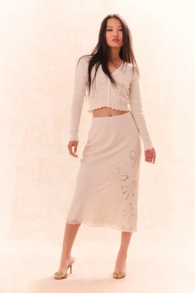Women Skirts LoveShackFancy Darion Scallop Lace Bow Midi Skirt Cream