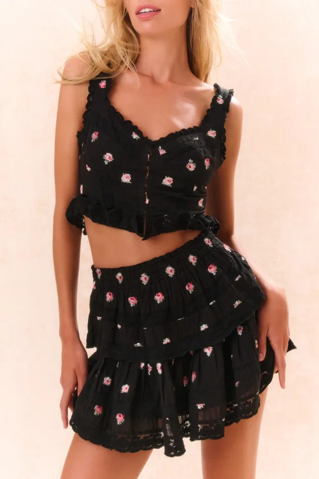 Women Skirts LoveShackFancy Ruffle Mini Embroidered Floral Skirt Black Combo
