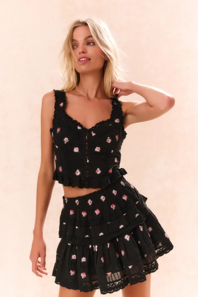 Women Skirts LoveShackFancy Ruffle Mini Embroidered Floral Skirt Black Combo Women Skirts LoveShackFancy Ruffle Mini Embroidered Floral Skirt Black Combo