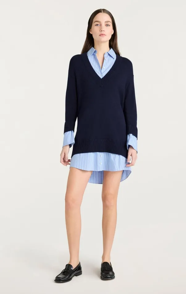 Women Sweaters and Knits Cinq Sept Deep V Remie Stripe Santina Dress Navyfrench Blue