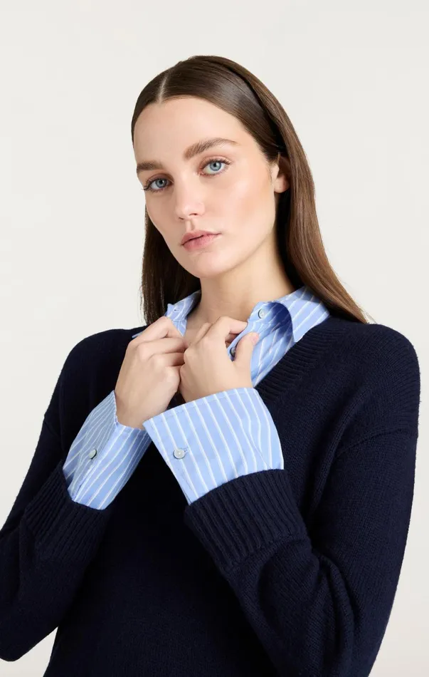 Women Sweaters and Knits Cinq Sept Deep V Remie Stripe Santina Dress Navyfrench Blue