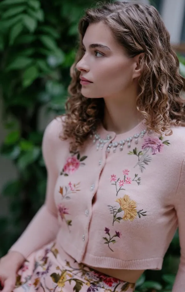 Women Sweaters and Knits Cinq Sept Isolde Embroidered Cardigan Soft Pink Multi