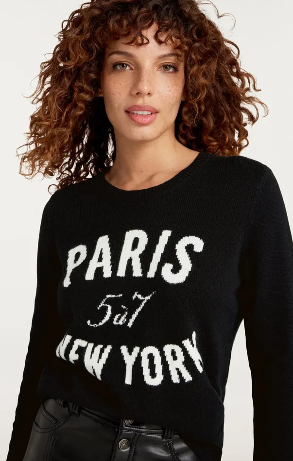Women Sweaters and Knits Cinq Sept Paris New York Graphic Crewneck Pullover Blackivory