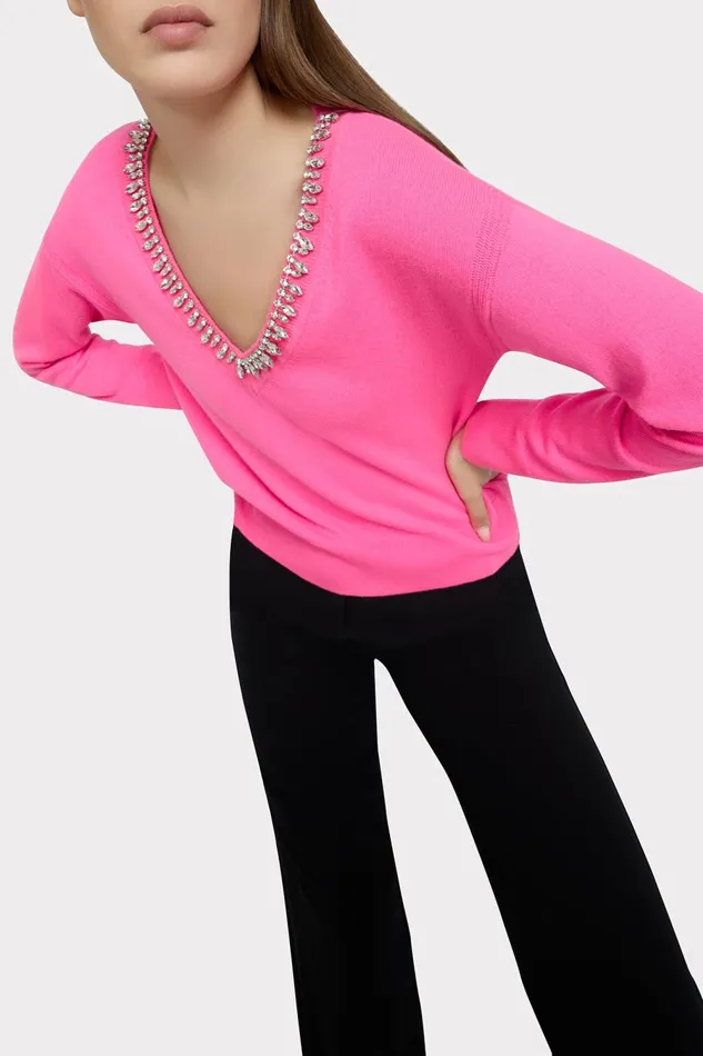 Women Sweaters and Knits Milly Kalia Crystal VNeck Sweater Milly Pink