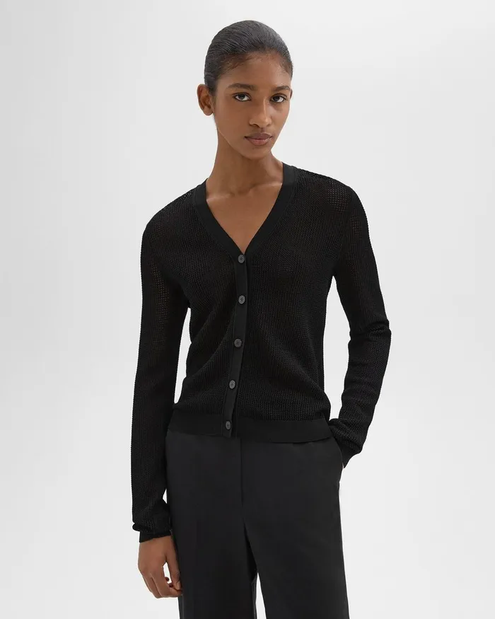 Women Sweaters Cardigans Theory Pointelle Cardigan In Crepe Knit Black
