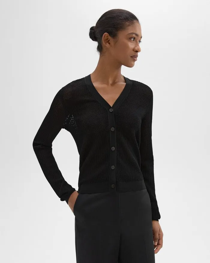 Women Sweaters Cardigans Theory Pointelle Cardigan In Crepe Knit Black