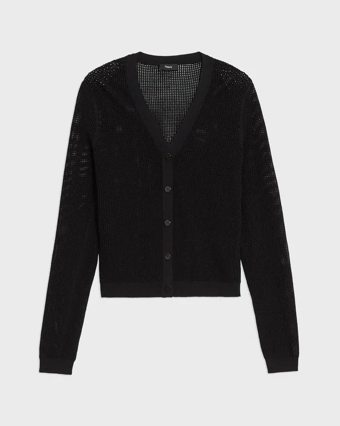 Women Sweaters Cardigans Theory Pointelle Cardigan In Crepe Knit Black